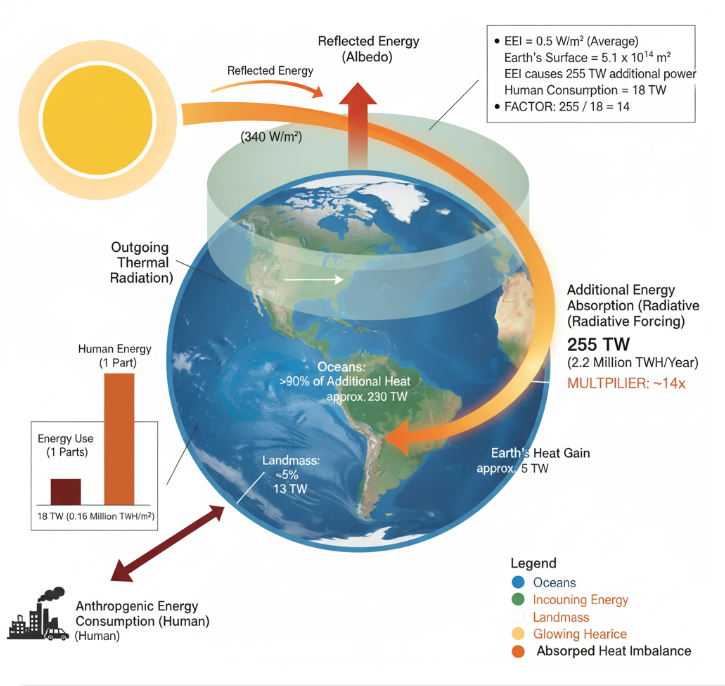 Strahlungsbilanz der Erde mit Sonneneinstrahlung, Reflexion und Earth Energy Imbalance