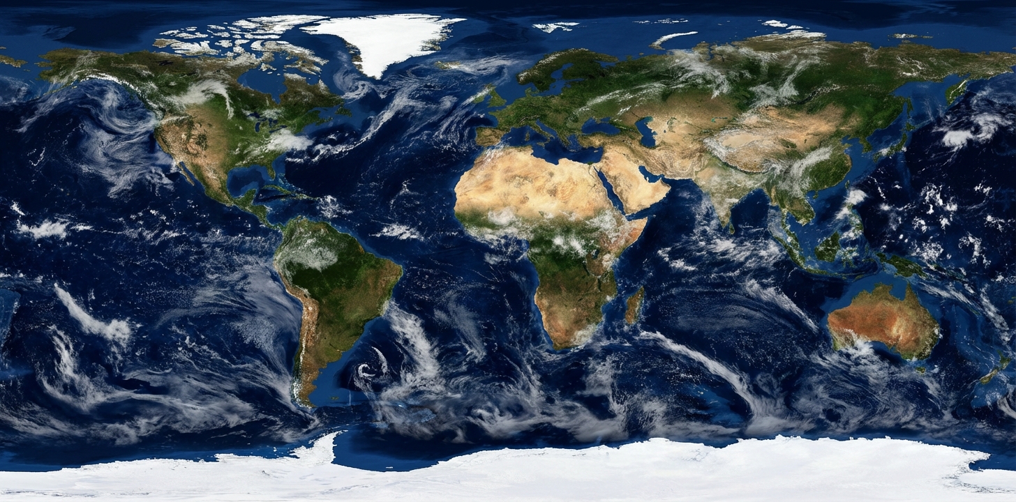 Globale Erdkarte mit Wolkensystemen als Bild für datenbasierte planetare Beobachtung